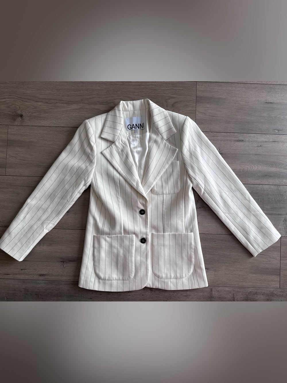 Ganni Women's White Pinstripe Blazer EU Size 32 Quiet Luxury Minimalist